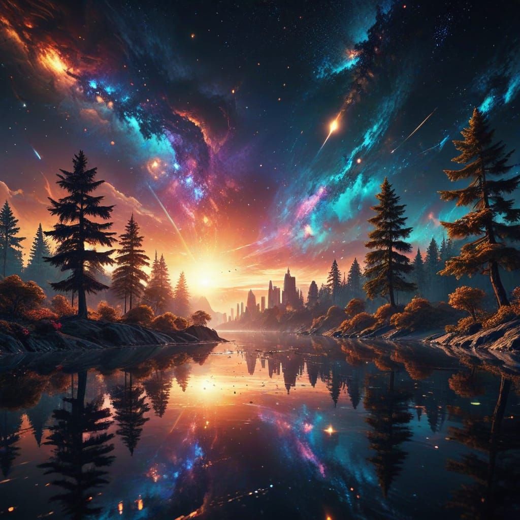 Surreal Futuristic Cityscape Amidst Swirling Galaxy