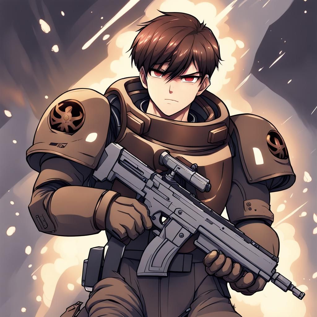 boy 16 years, gunner, space marine, swarthy, brown military hairstyle, brown eyes, laughing, strong, confident, violent