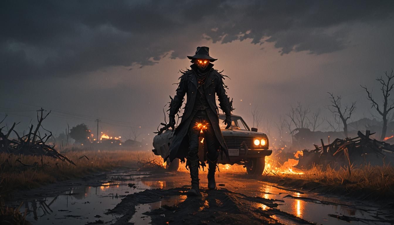 Scarecrow Chase in Dark Fantasy Anime Style