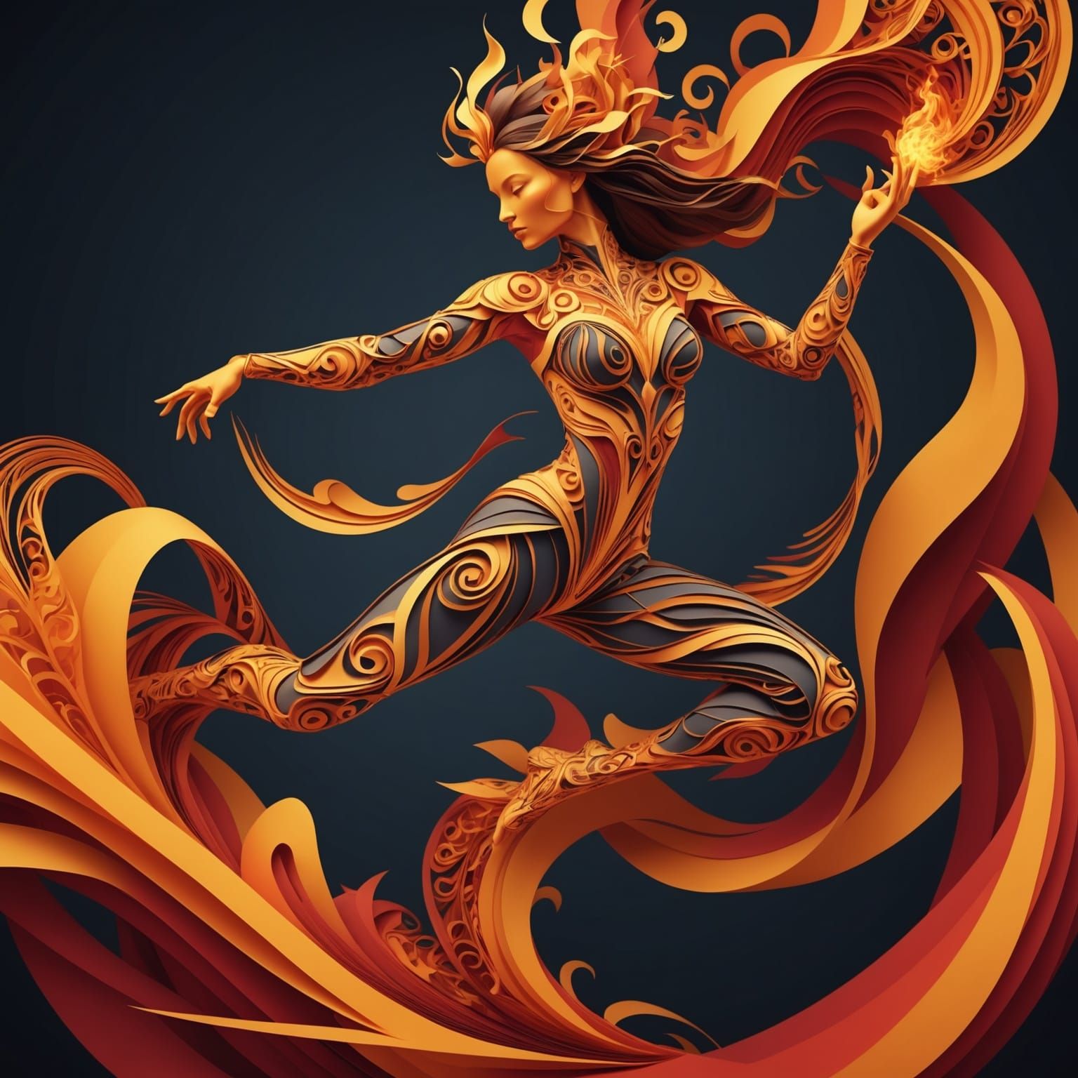 Abstract Fire Dancer in Origami Papercraft Style