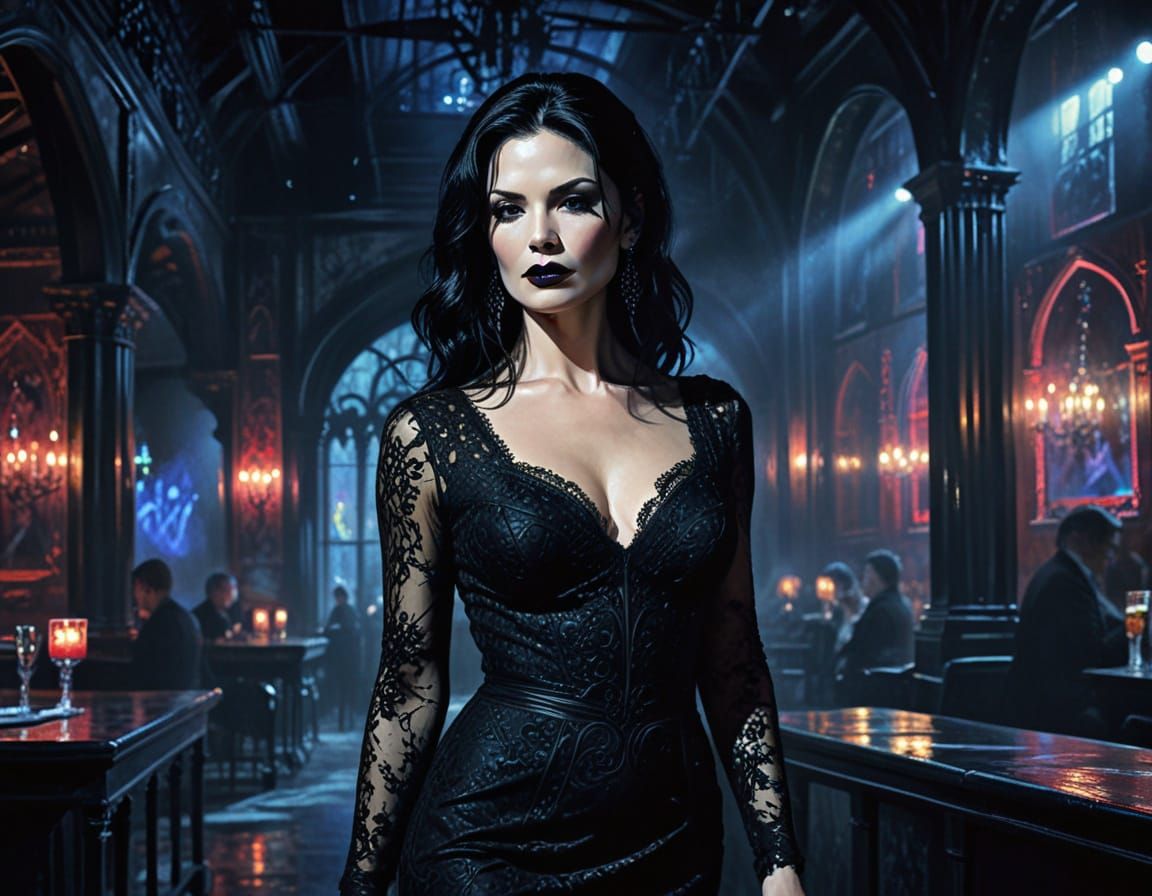 Gothic Catherine Zeta-Jones in Watercolor Nightclub