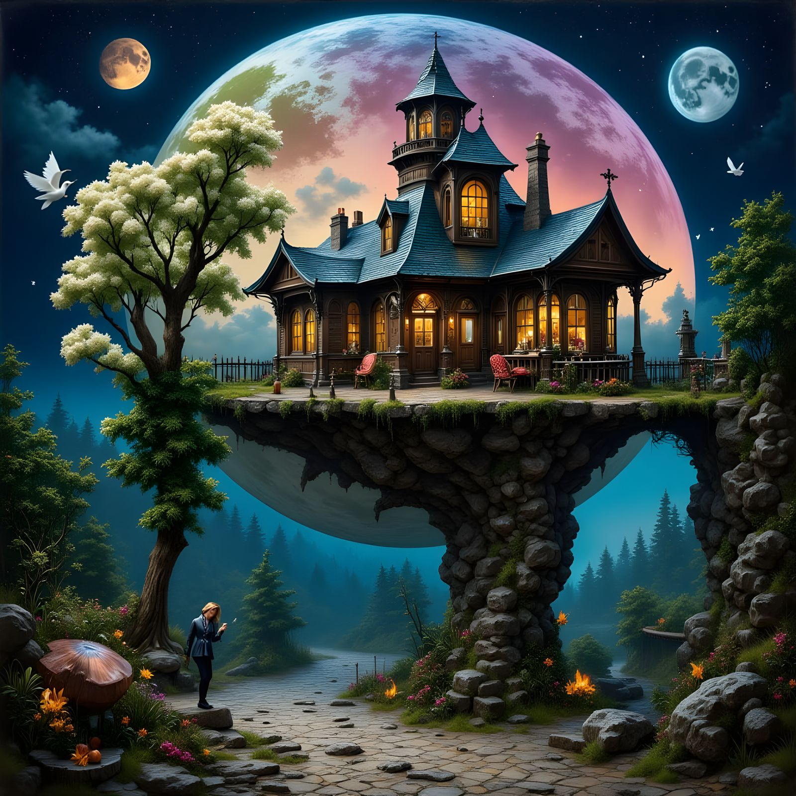 Enchanted Lunar Library: A Fantasy Art Masterpiece