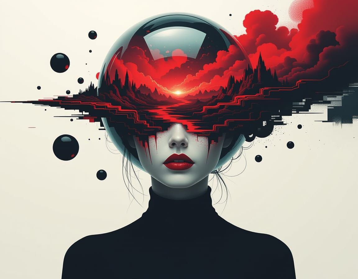 Ethereal Woman with Glass Sphere Head in Dark Futurism