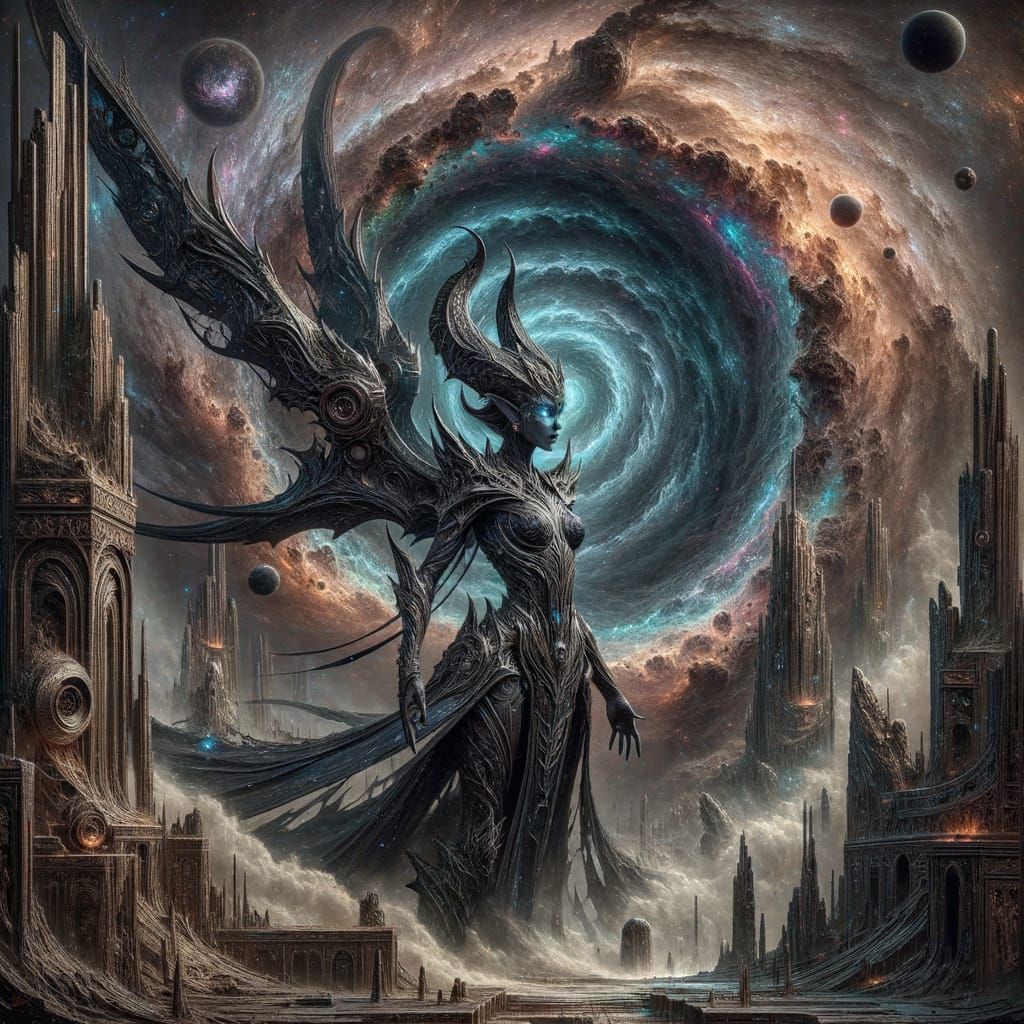 Drow Elf Queen Before Cosmic Vortex in Crumbling Ruins