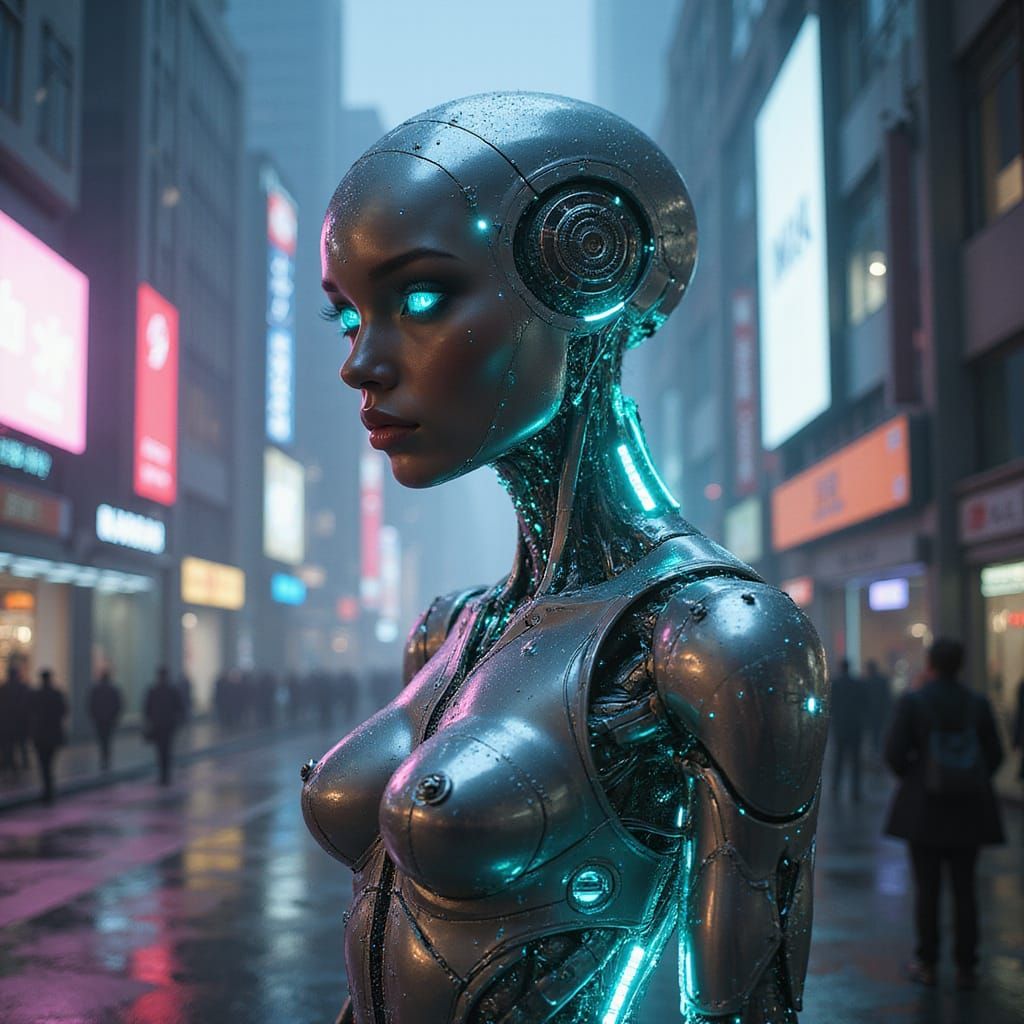 Android Humanoid in Cyberpunk Cityscape