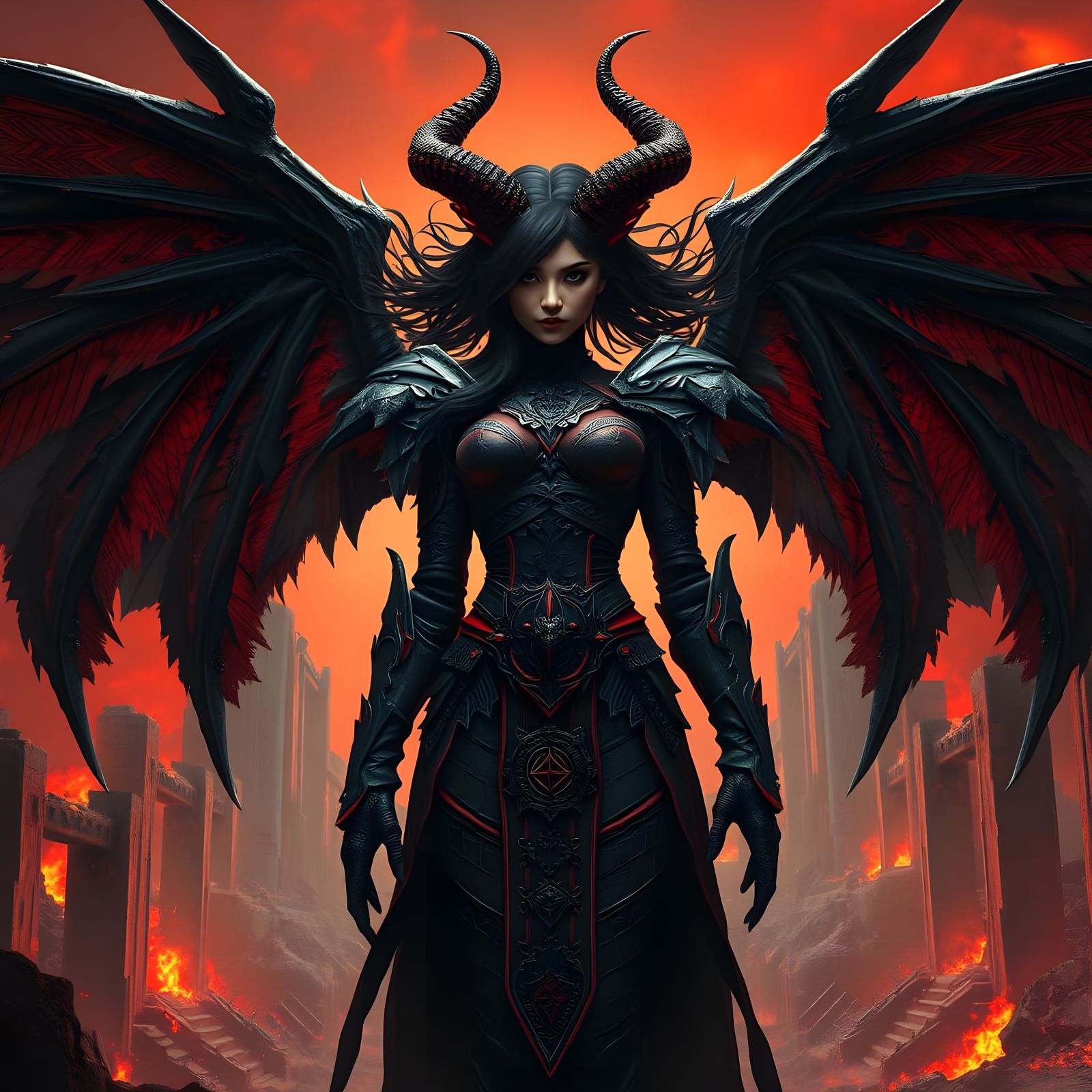 Ethereal Demoness Goddess with Crimson Accents in Hellish Ru...