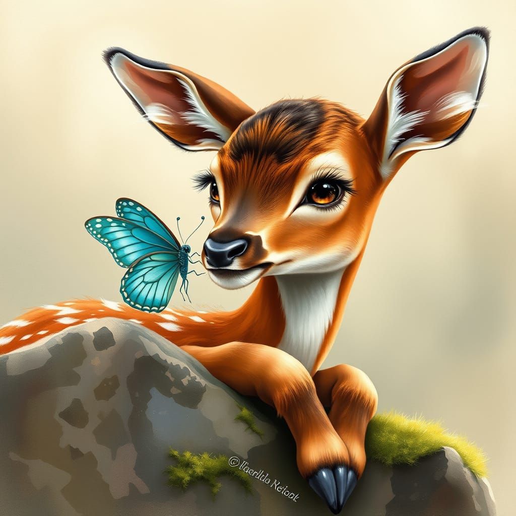 Ethereal Scene of a Deer and Butterfly in a Dreamy Landscape