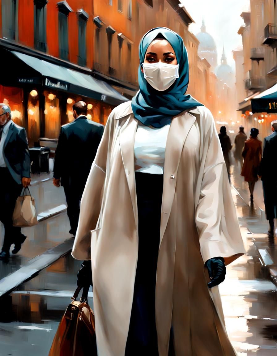 Cozy City Portrait of Woman in Hijab, Oil Painting