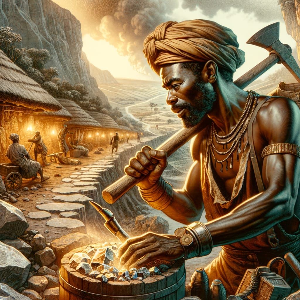 Medieval Bantu Miner Laboring Amidst Rich African Geology