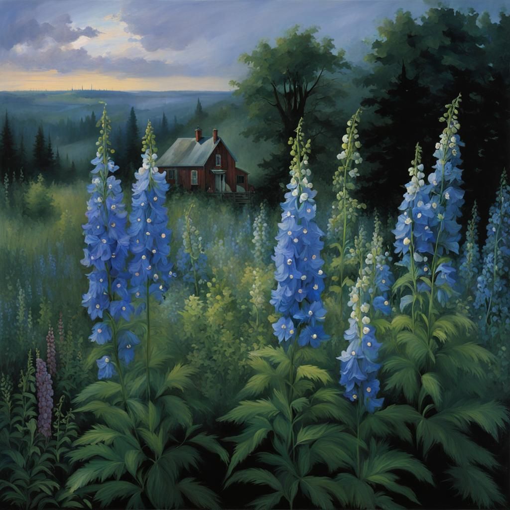 Ethereal Delphinium and Monkshood Flowers, Cinematic Style