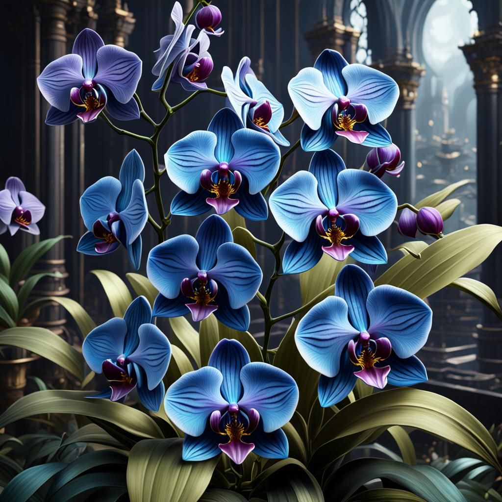 Surreal Blue Metal Orchids in Fantastical Detail
