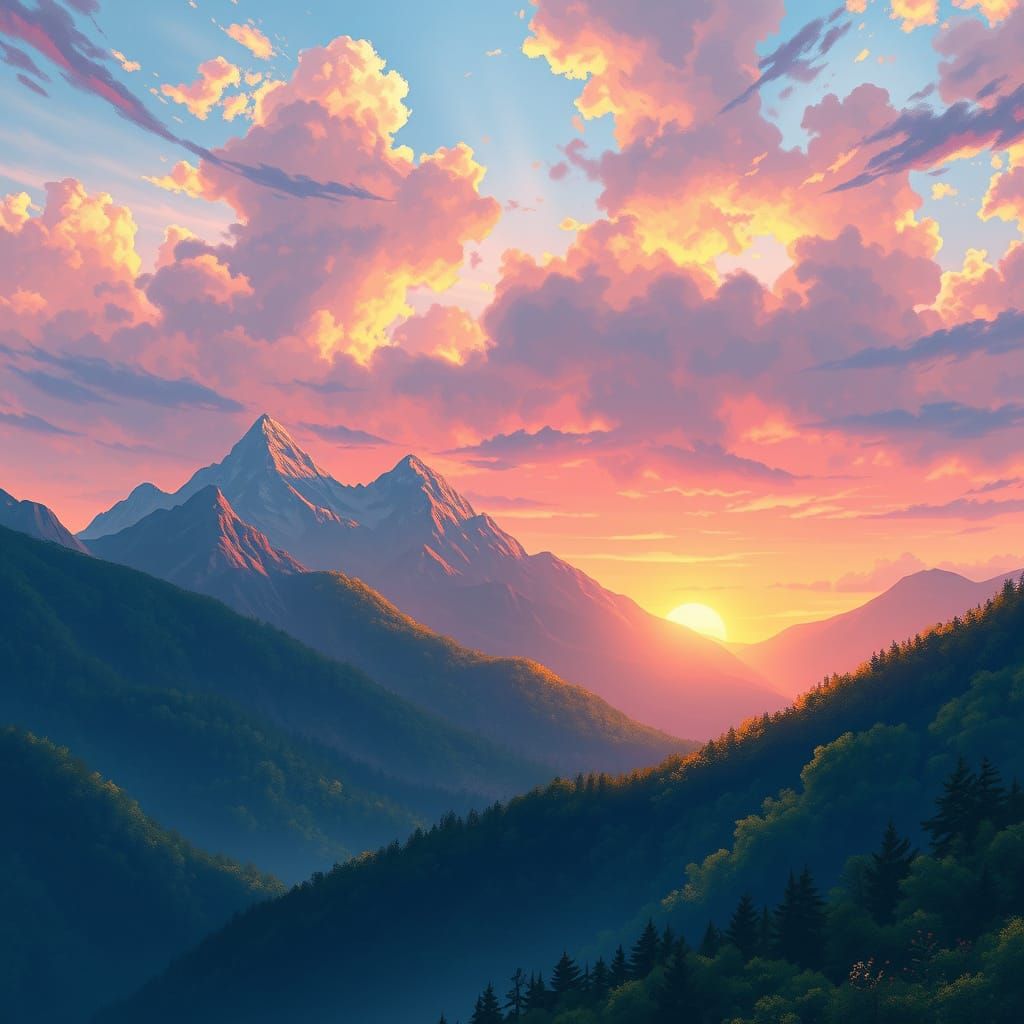 Serene Anime Mountain Landscape at Sunset, Inspired by Bob R...