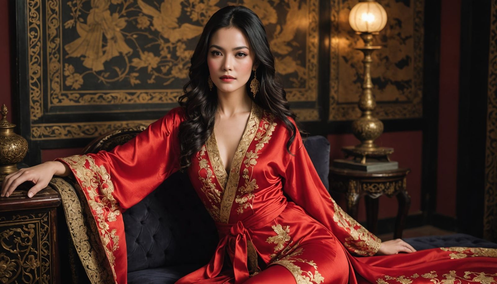 Beautiful Woman in Red Silk Robe with Rose