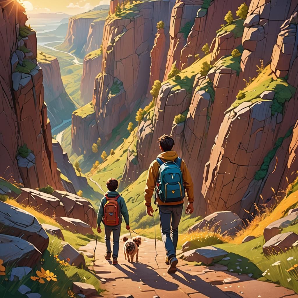 Carefree Man and Dog Cliffside, Pixar-Inspired 3D Art