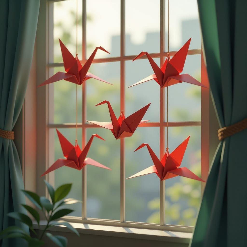 Origami Cranes in Sunlit Window, Hyperdetailed Digital Art