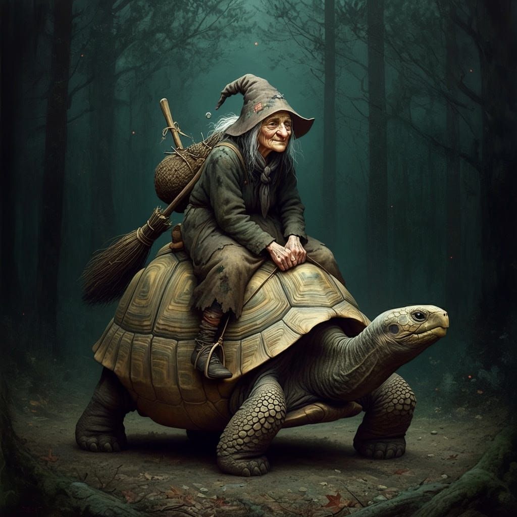 Crone Rides Tortoise Through Twilight Forest
