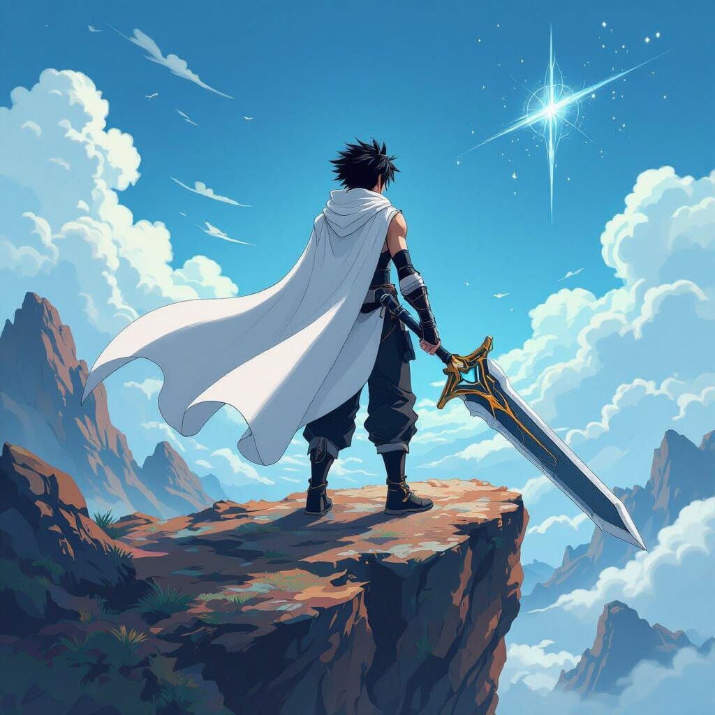 Keyblade Master on Cliff in Anime Style