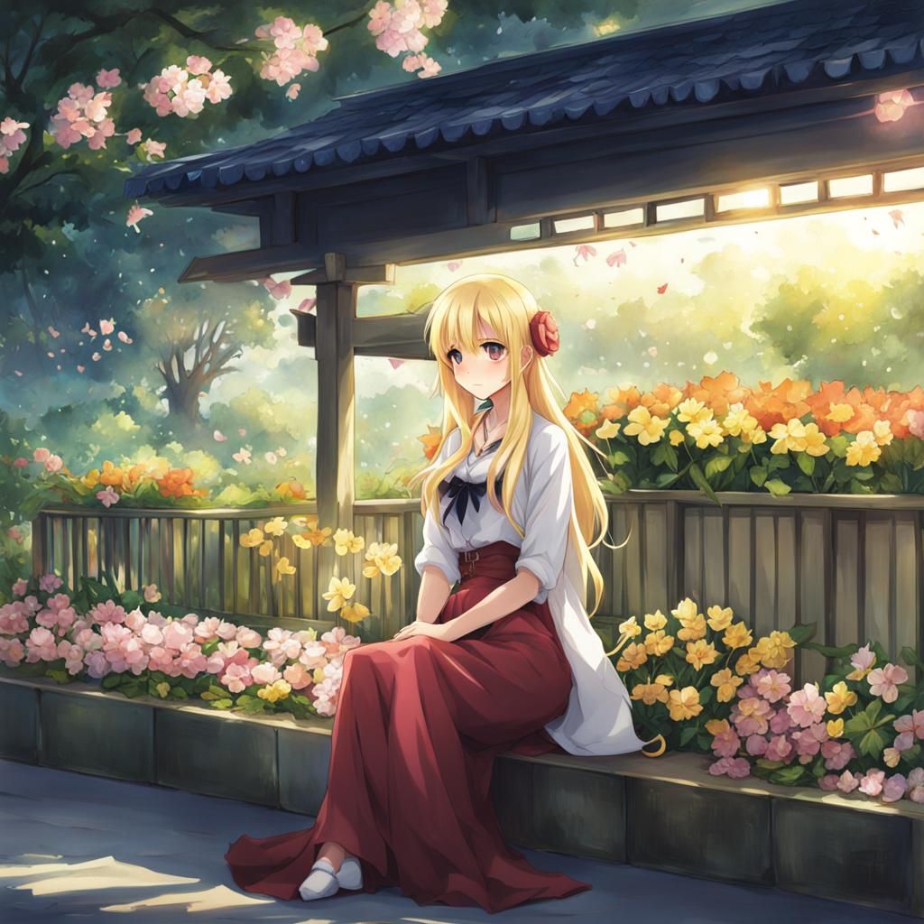 Blonde Woman Waiting in Anime Style