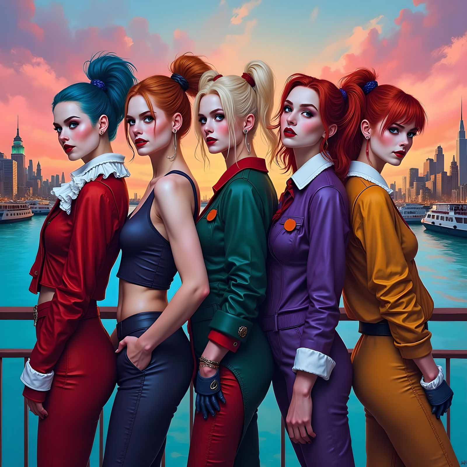 Quintet of Figures in Similar Outfits