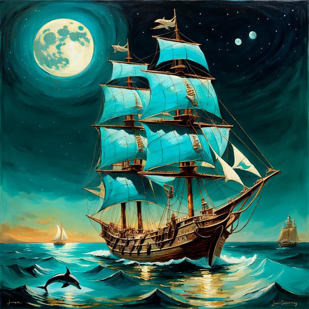 Golden Caravel on Turquoise Waters, Goya Style