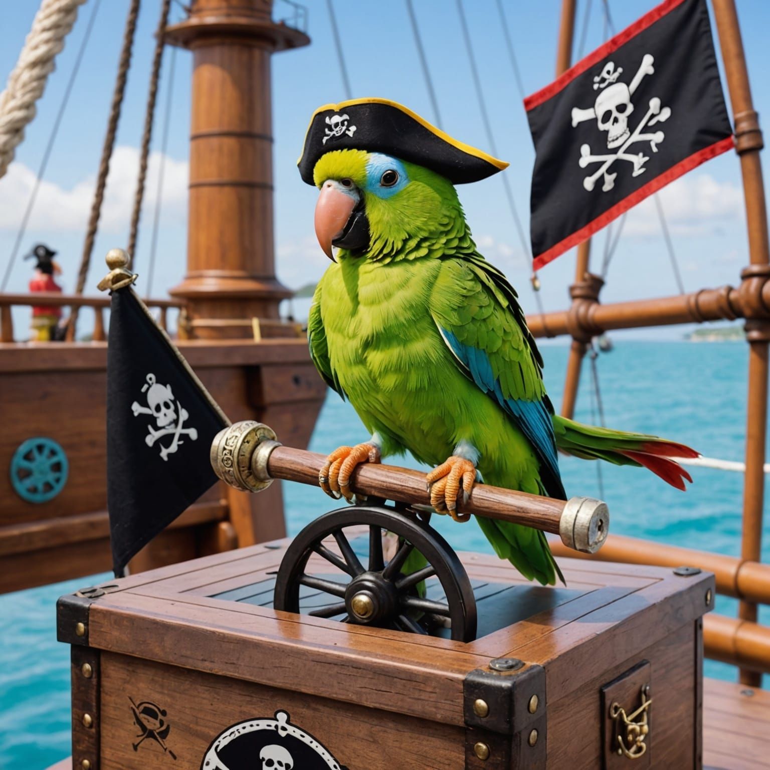 Parakeet Pirate on Ship's Wheel with Pirate Flag