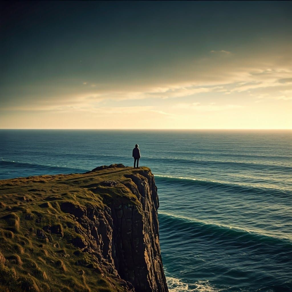 Contemplative Figure by Windswept Cliff in Cinematic Style