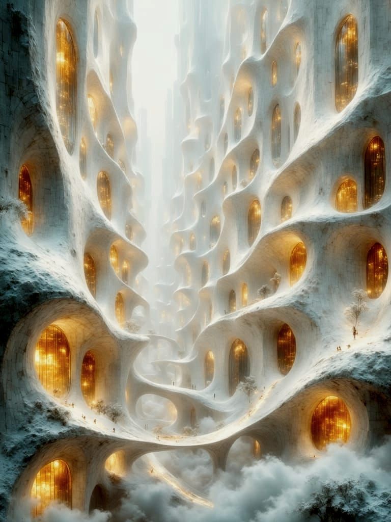Ethereal Marble City: Futuristic Towers in Golden Hour