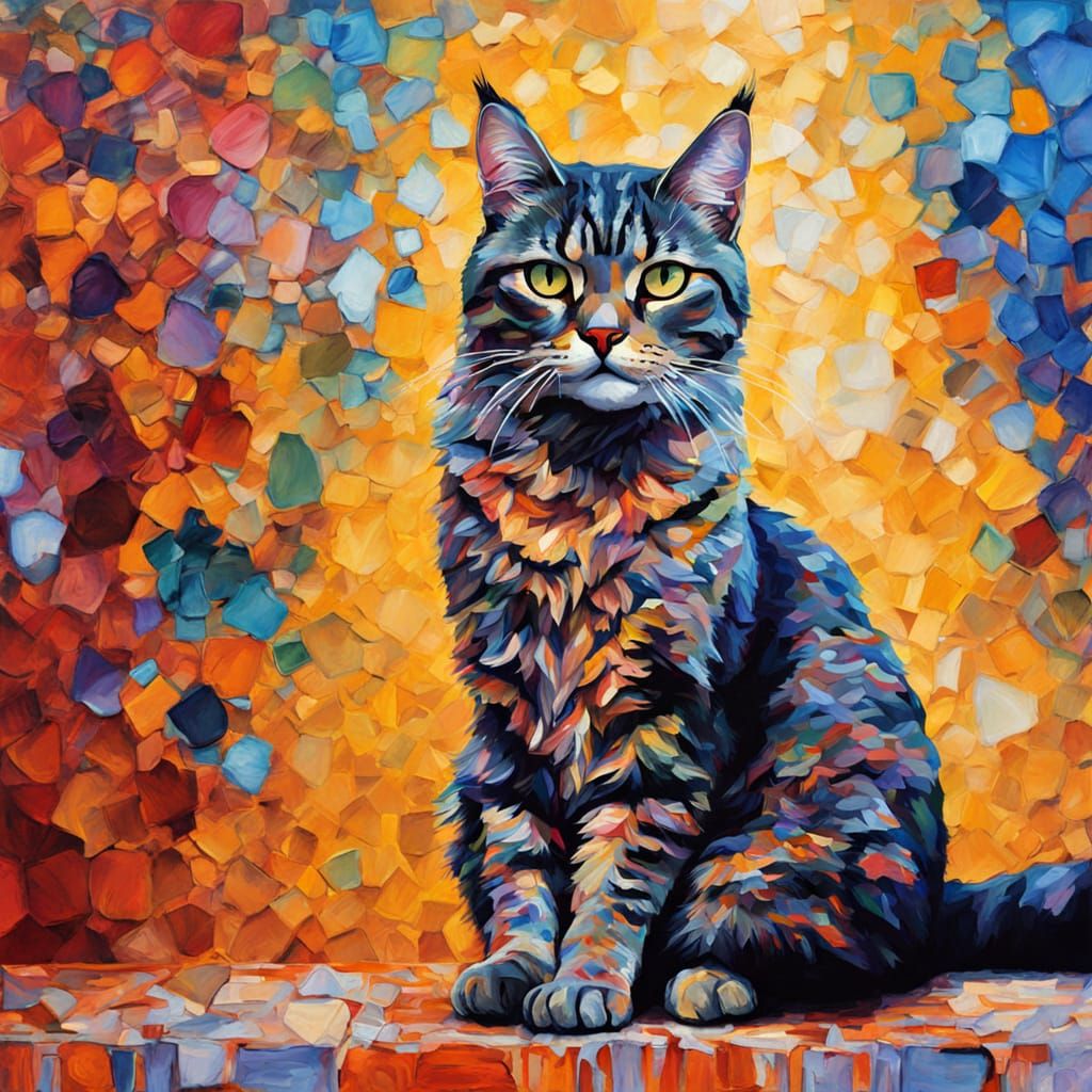 Tabby Cat on Throne: Klimt-Style Impasto Portrait