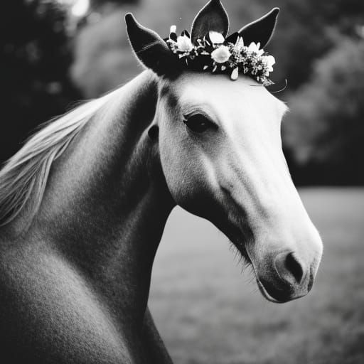 Elegant Horse with Flower Crown in Black and White