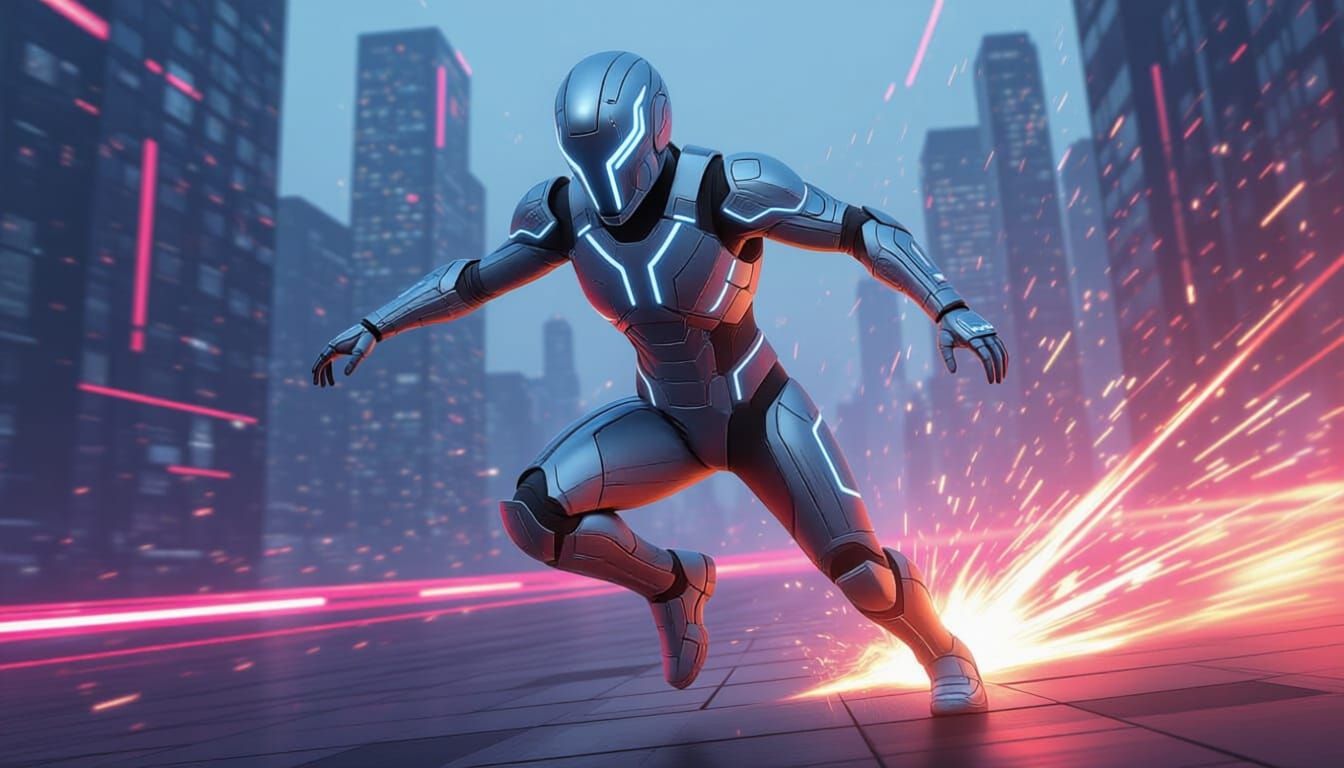 Cyber Warrior in Neon Armor, Sci-Fi Cityscape