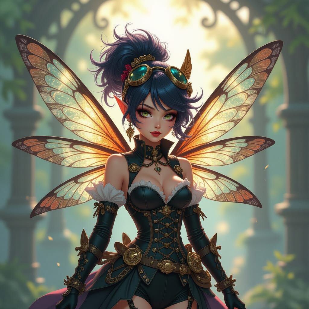 Punk Pixie with Dragonfly Wings in Steampunk World