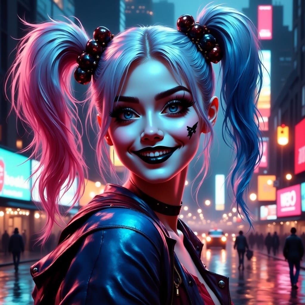 Harley Quinn in Times Square, a Fusion of Dark and Neon
