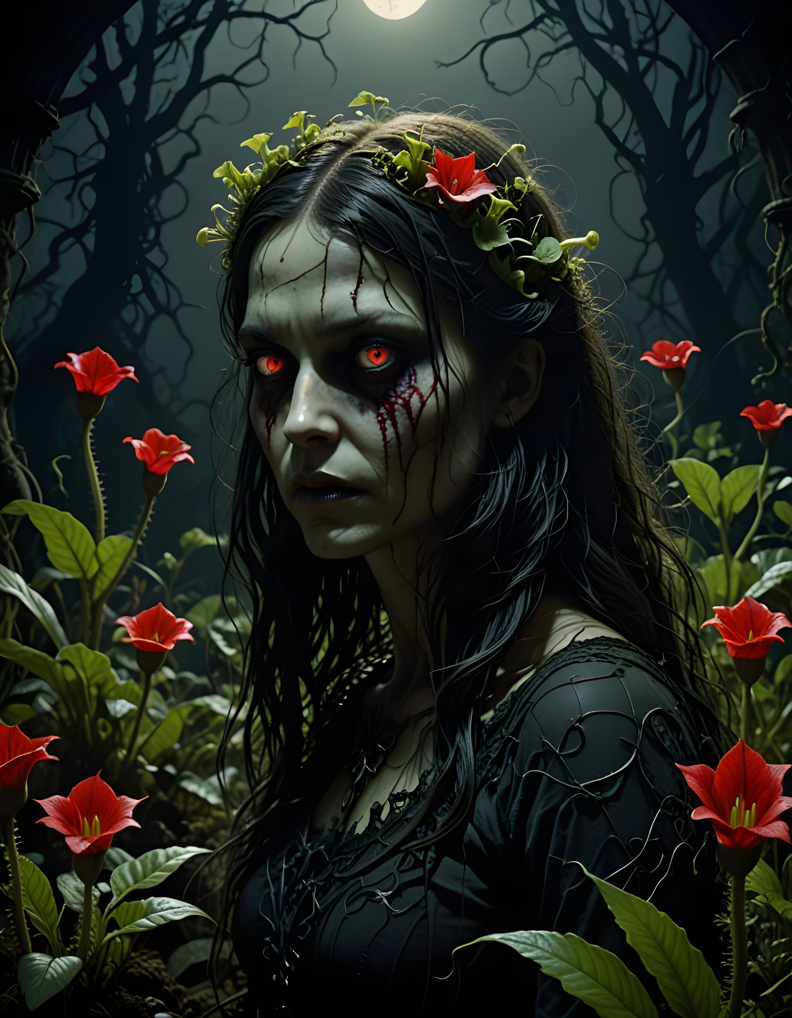 Overgrown Gothic Garden at Midnight in Surrealist Horror Sty...