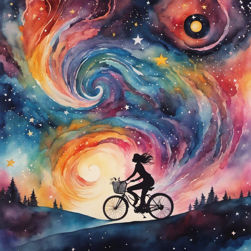 Watercolor Woman Rides Bike Through Cosmic Landscape