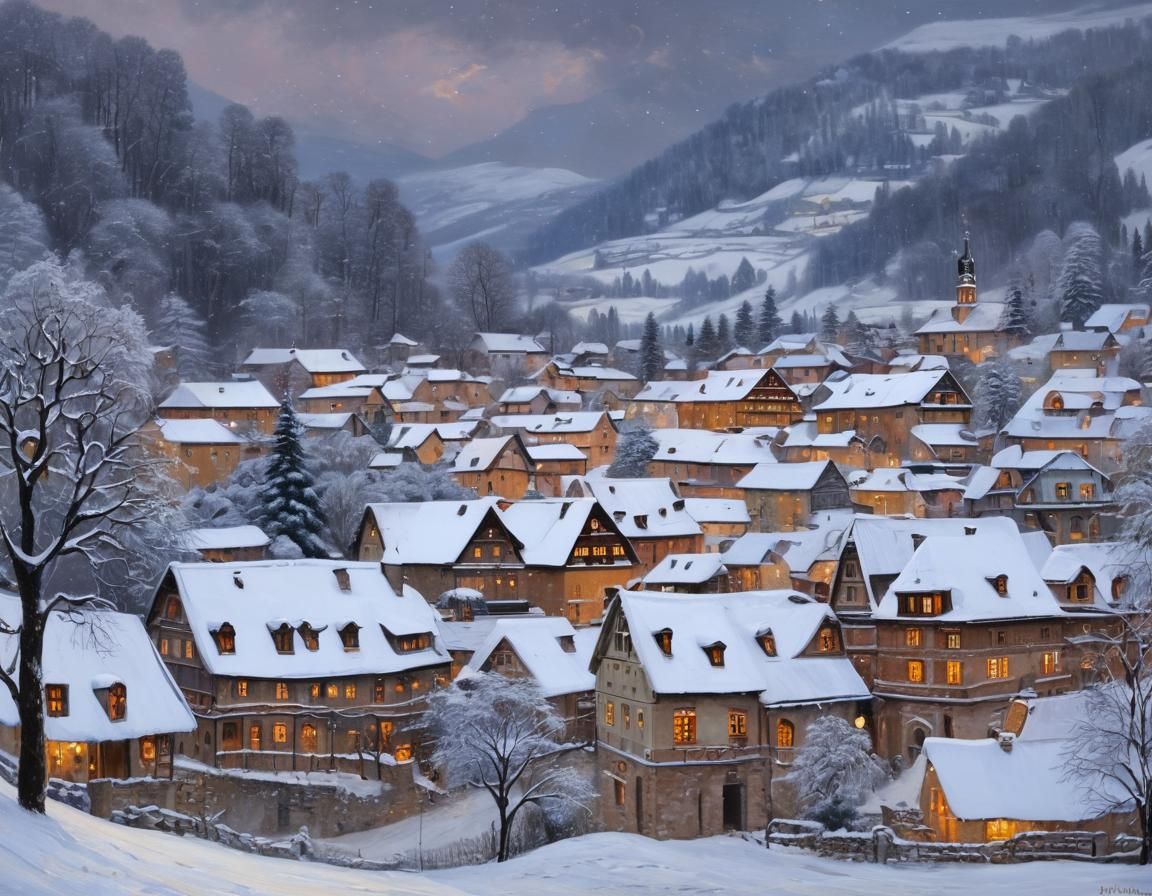 Snowy Village Inspired by Klimt's Expressive Style