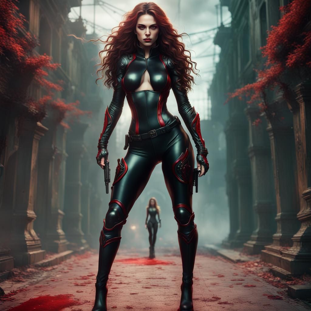 Green-Eyed Assassin in Black Bodysuit: Fantasy Art