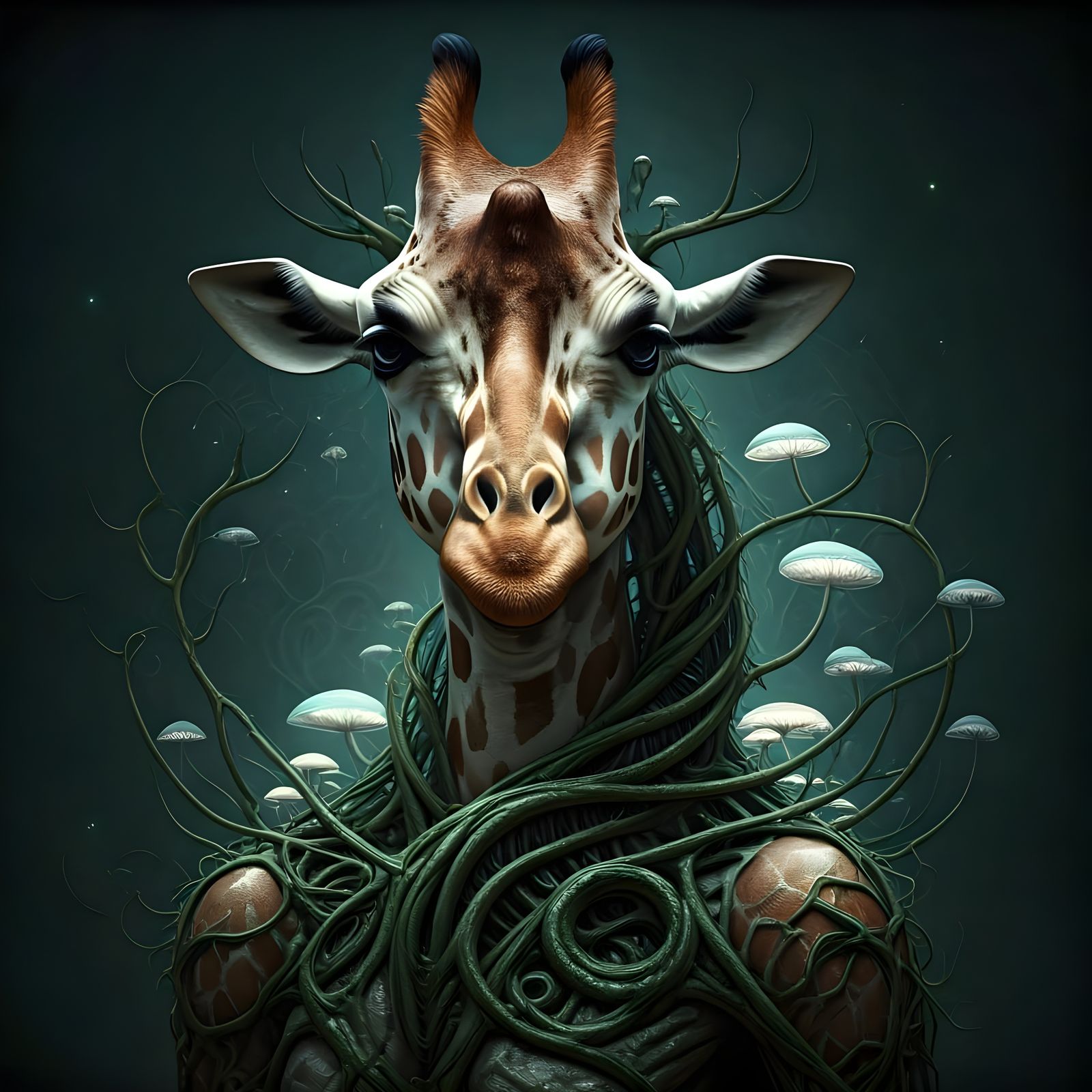 Androgynous Human-Giraffe Entity in Ethereal Surroundings