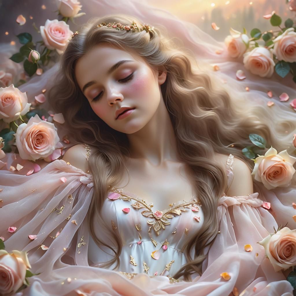 Woman Sleeping with Roses in Dreamy Landscape