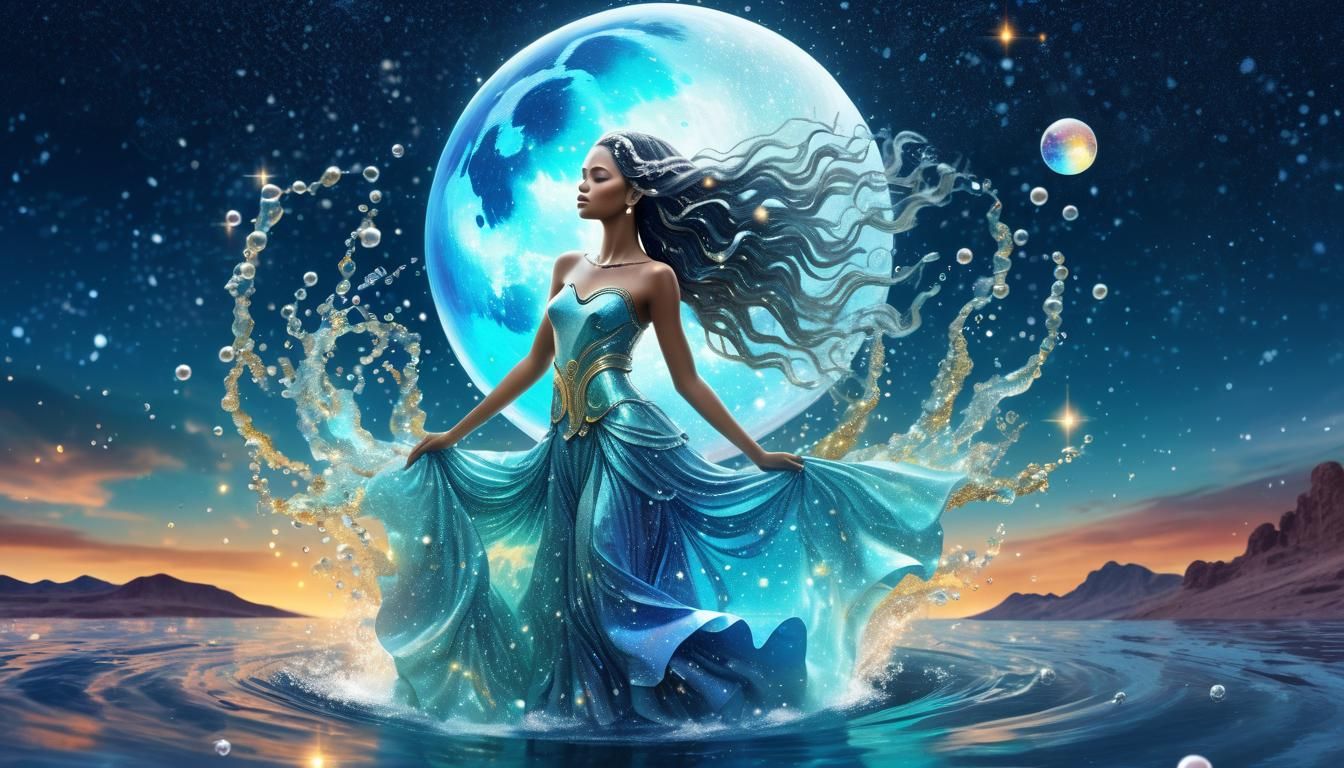 Aquarius Zodiac Woman in Cosmic Astral Style