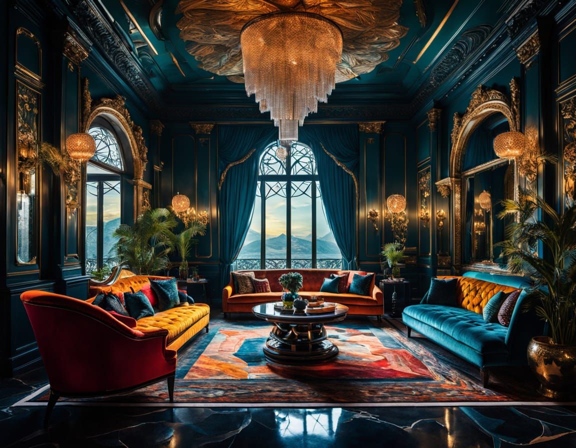 Surreal Hotel Scene with Elaborate Gatherings