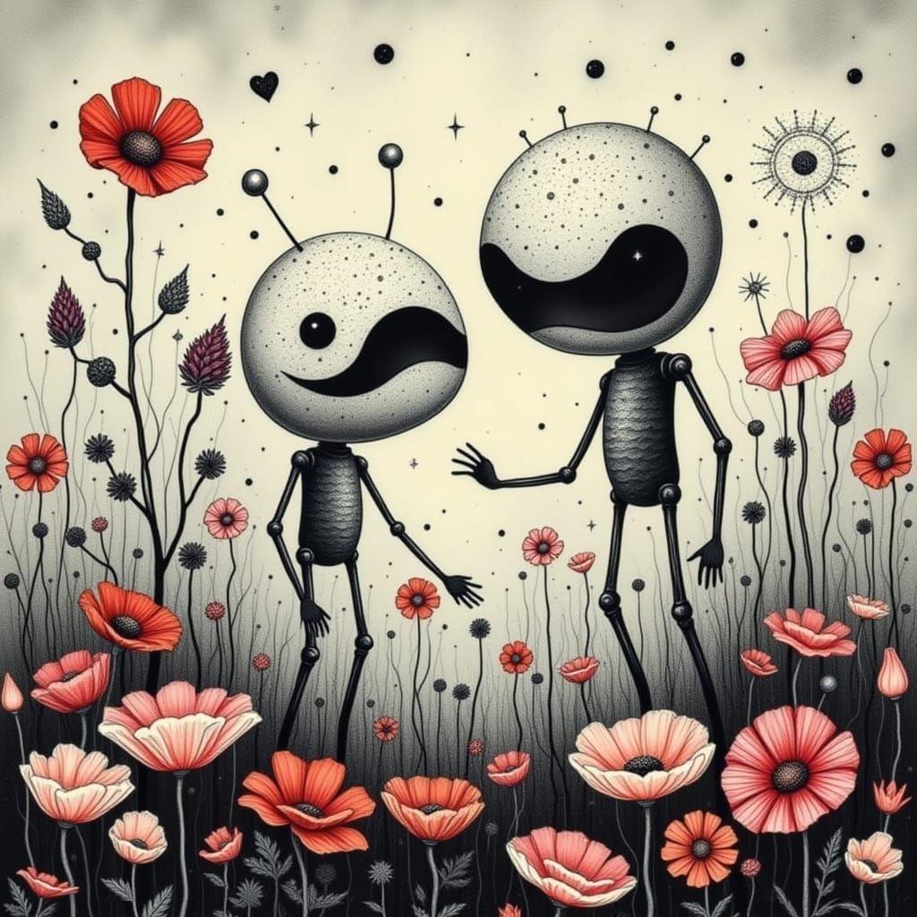 Cute Robots in a Vibrant Floral Wonderland