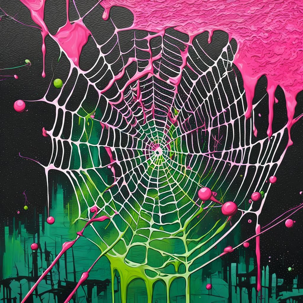 Vibrant Pink and Green Unraveling Web Graffiti Art