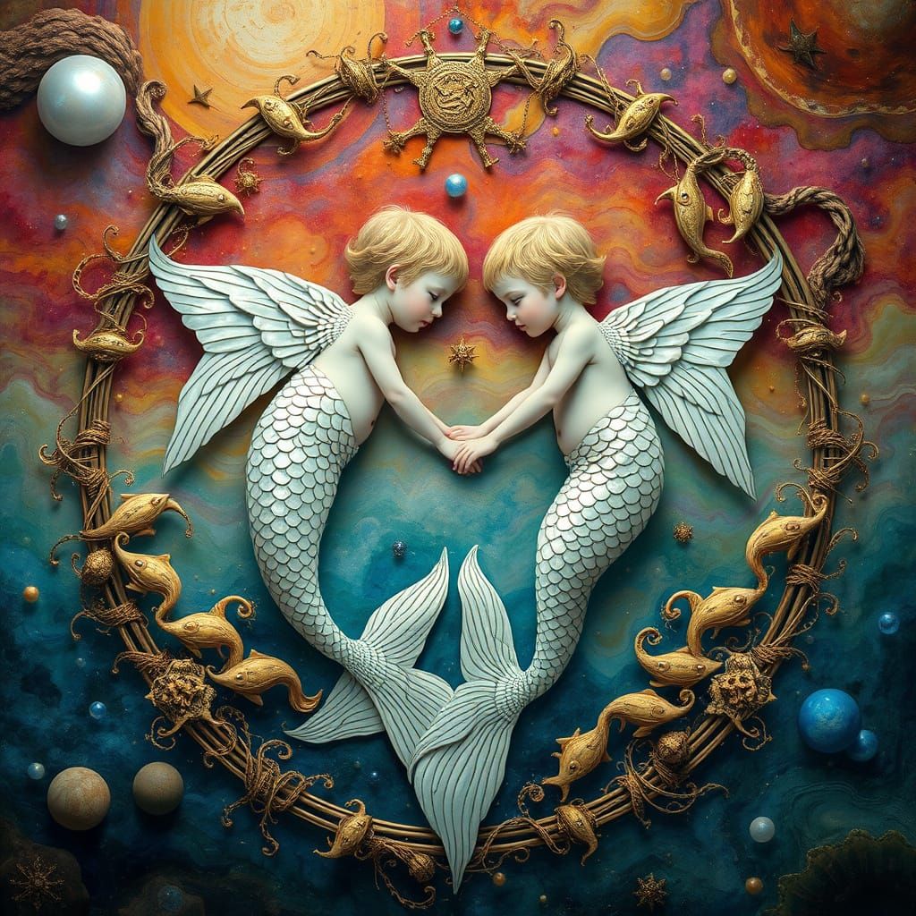 Surreal Mermaid Boys Swim in Cosmic Zodiac
