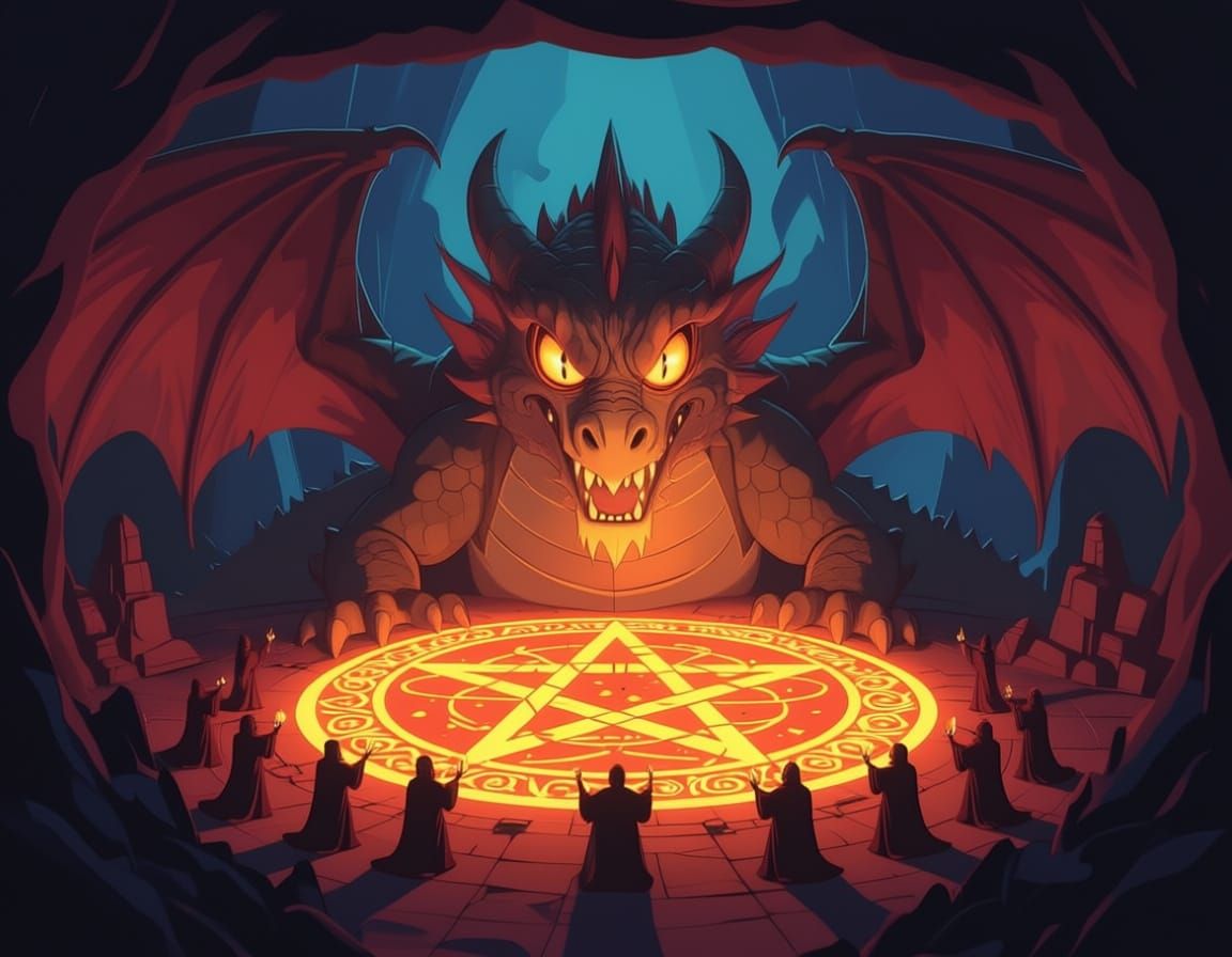 Colossal Multi-Headed Dragon Over Glowing Pentagram Ritual