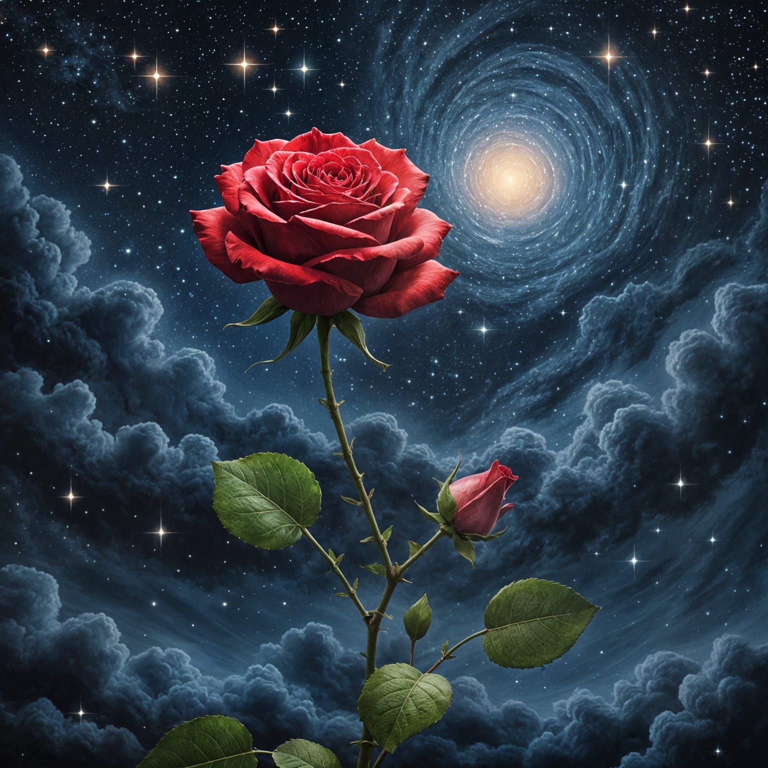 Red Rose Floating in Starry Sky