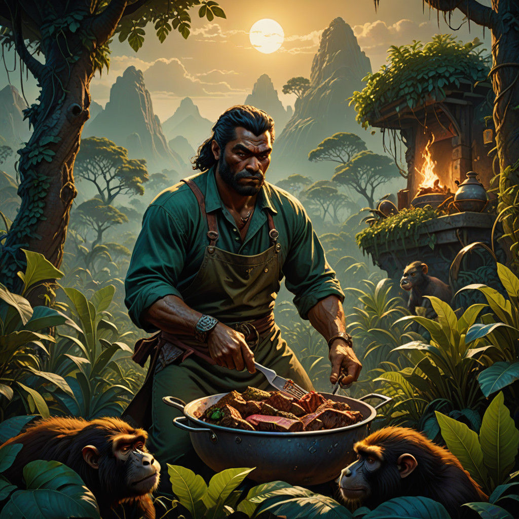 Brown Tongan Nature Boy Cooks Meat in a Fantastical Jungle S...
