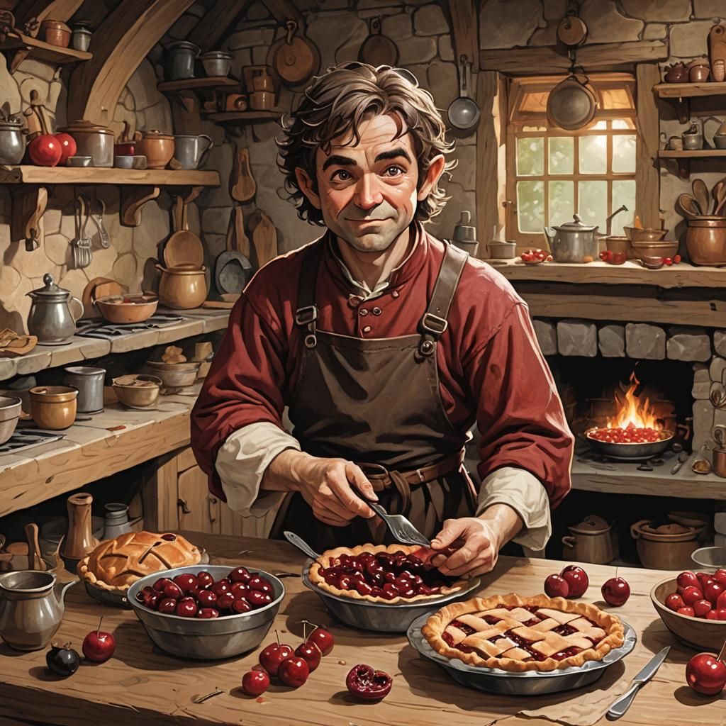 Halfling Baking Cherry Pie in Cozy Kitchen