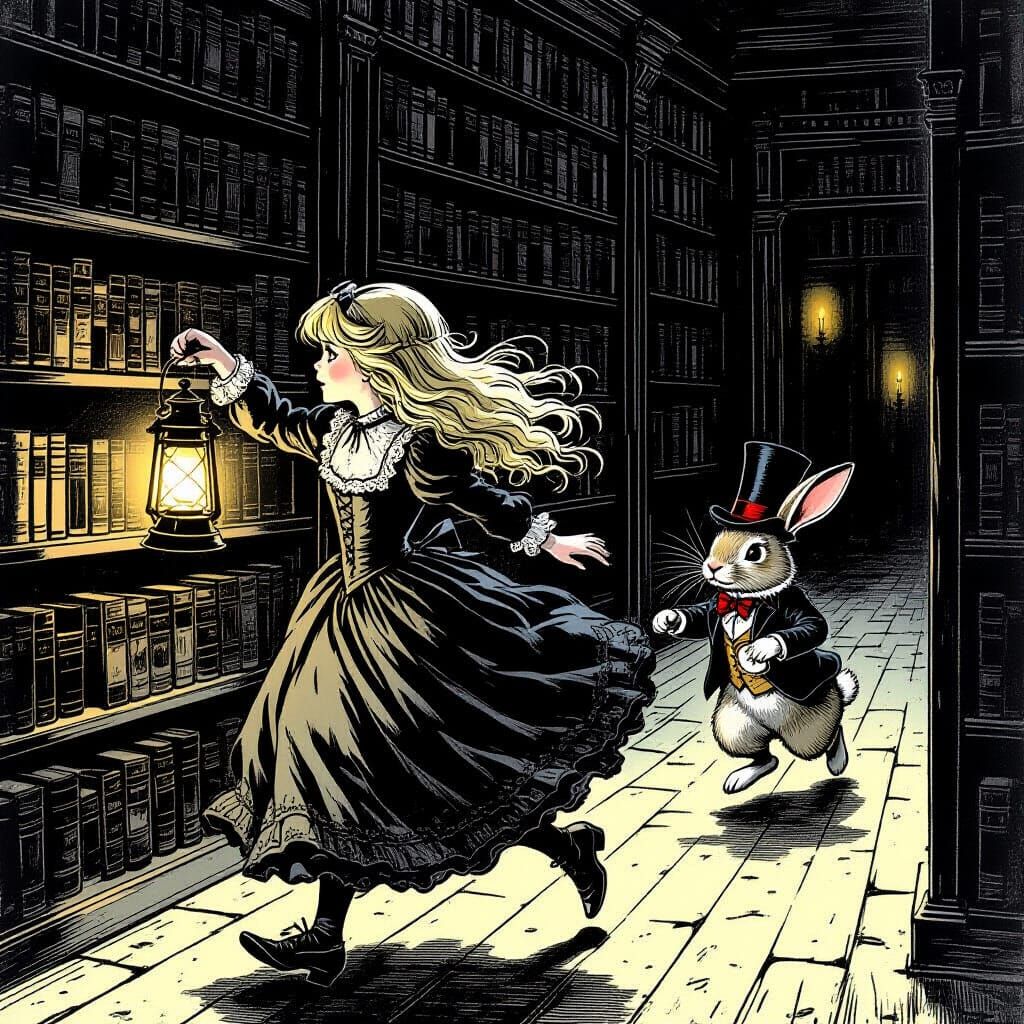 Girl Chased Through Gothic Library by Rabbit
