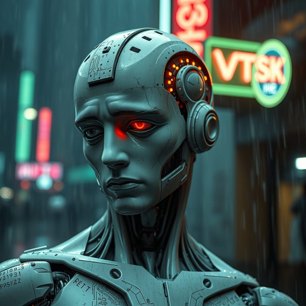 Cyberpunk Cyborg Statue with Sad Expression