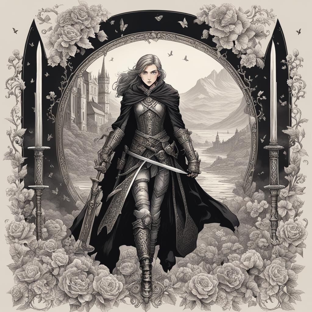 lora:Endless Melody:1.0, lora:Macabre:1.0, l'morte de Arthur, book illustration, rogue female with double daggers, old w...